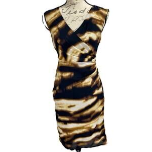 Y2K Ann Taylor Mini Dress Ruched Silk Sheath Black Brown Abstract Print Size 0